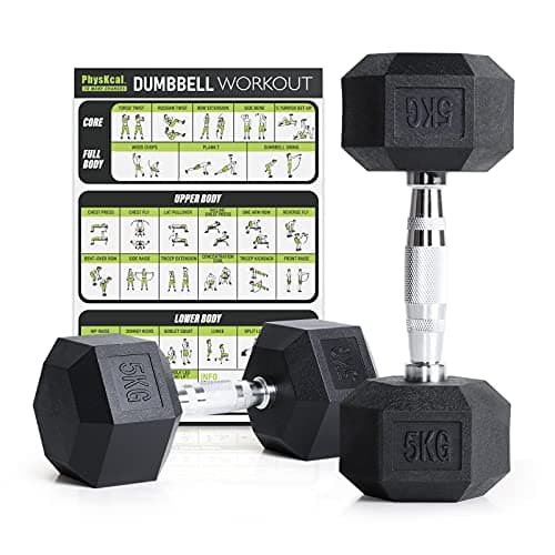 Image of PhysKcal Hex Dumbbells Set 5kg Pair, Odourless Poly Rubber Encased Dumbbells 2.5KG 5KG 7.5KG 10KG 12.5KG 15KG 20KG Pair or Single Home Gym Weights Set, 2.5KG Pair