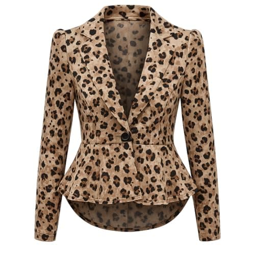 Image of P&R DANCEWEAR LTD Ladies Long Sleeved Crop Frill Slim Fit Peplum Blazer Modern Jacket Coat (14, Leopard Print)