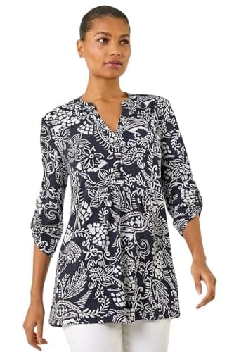 Image of Roman Shirt for Women UK Ladies Top Collarless Blouse Stretchy Tunic Smart Casual Autumn Winter Jersey 3/4 Length Sleeve Notch V Neck Flattering Office Work - Abstract Black White - Size 18