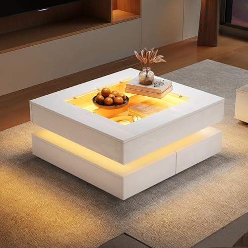 Image of Merax High Gloss Square Coffee Table with LED, 3 Drawers Centre Table with Tempered Glass Top, Sofa Side Table & Tea Table for Living Room & Office, 70x70x35cm, White