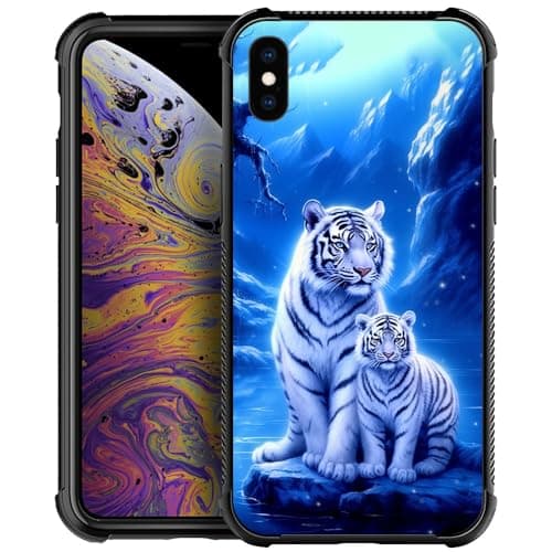 Image of CARLOCA Compatible with iPhone X/Xs Case,White Tigers Blue Dream iPhone X/Xs Cases Graphic Design Shockproof Anti-Scratch Drop Protection Case