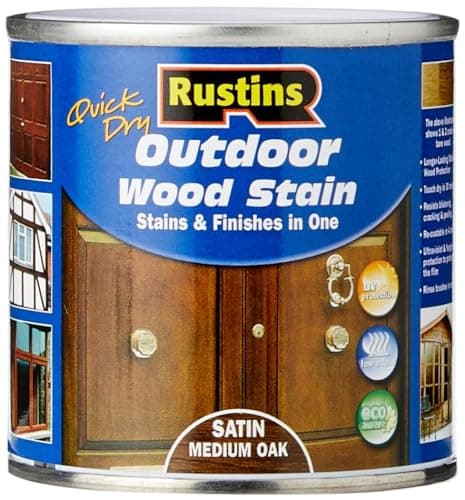 Image of Rustins Quick Dry Outdoor Wood Stain Satin Medium Oak 250ml- Durable and Weather-Resistant Finish, Fast Drying, Vibrant Color for Decks, Fences, & Furniture, Available in Many Wood Shades