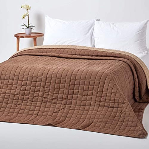 Image of HOMESCAPES - 100% Cotton Reversible Twin Colour Quilted Bedspread Throw - Chocolate & Light Brown - Single 150 x 200 cm - Washable Bedding Sofa Throw