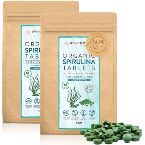 Image of 1KG (2x500g) Organic SPIRULINA Tablets [2000 x 500mg] Natural Dietary Food Supplement, Premium Quality, Non-GMO Vegan Detox Superfood Rich in Protein, Vitamins, Amino Acids, Iron - Soil Association