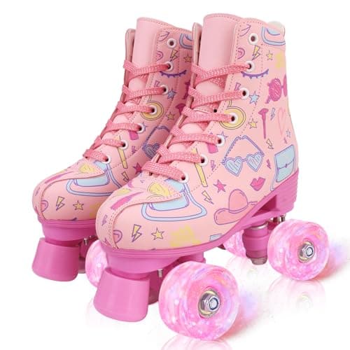 Image of XUDREZ Roller Skates for Girls Light Up Kids Roller Skate Double Row High Top Pink Graffiti Roller Derby Skates Quad Skates Shoes (Pink with Flashing Wheel,34 - 8.74in - UK3)