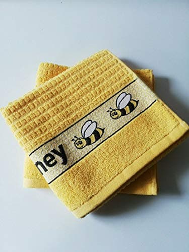 Image of Sue Rossi Ltd 100% Cotton Tea Towels Waffle Embroidered Animal Cooks Cloth Luxury 3 Pack Kitchen Towel Set (Yellow Bee)