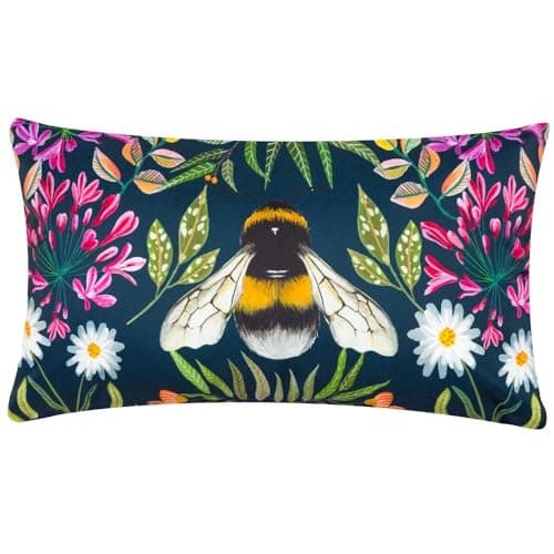 Image of Wylder Nature House Of Bloom Zinnia Bee Cushion Cover – Floral Botanical Bumblebee Design (Navy – 30 x 50cm)