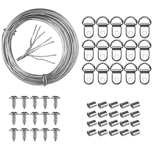 Image of Yeestone Picture Hanging Kit - 10m Heavy Duty Wire, 15 D Rings, 15 Screws, 20 Crimp Tubes