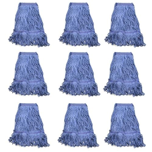 Image of Heavy Duty Commercial Mop Head Refill - Industrial Grade Blue Cotton Looped-End String for Wet Mopping, Long-Lasting (9 Pieces Pack)