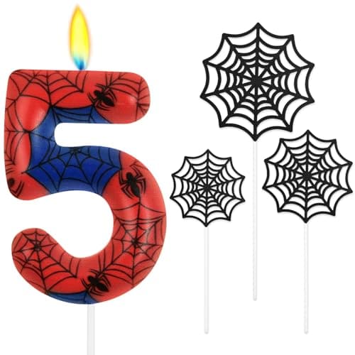 Image of Alaoo Spider Theme Party Candles, Birthday Number Candle with 3Pcs Spider Web, Cake Topper Candle for Boys Girls Themed Birthday Halloween Party Decorations (Number 5)
