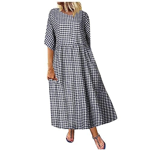 Image of AMhomely Ethnic Vintage Gingham Print Dresses - Boho Maxi & Tunic Dresses, Summer Casual, Cotton & Linen, Black XXL