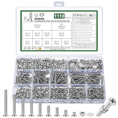 Image of 1110 Pcs M3 Screws Set, Countersunk Bolts and Nuts, Flat Head Machine Screw Nut and Bolt with Washers, Cross Head screws bolts and nuts Assortment Kit(M3, Silver)