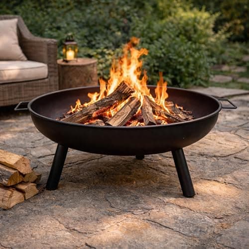 Image of Garden Mile 58cm Large Round Iron Fire Pit for Garden Wood Burner Firepit Black Portable Heater Log Burner Heat Resistant Fire Bowl for Outdoor Patio Decking Garden Picnics
