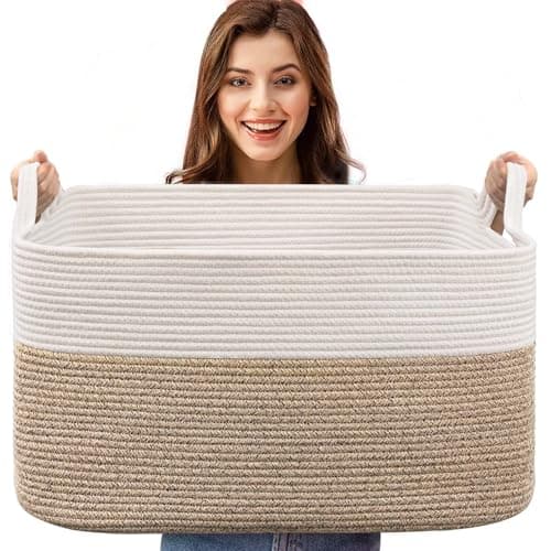 Image of Esteopt Extra Large 65L Foldable Storage Baskets with Handles - Heavy Duty Cloth Organizer Box for Toys, Blankets, Seasonal Clothes - Collapsible Space Saving Design (55x38x30cm) (White Flaxen)