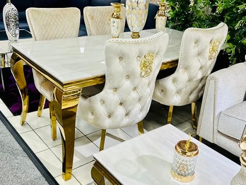 Image of ASR INTERIORS® Sofia 150cm Cream & Gold Marble Dining Table with 4 Victoria Cream Velvet Gold Lion Knocker Chairs