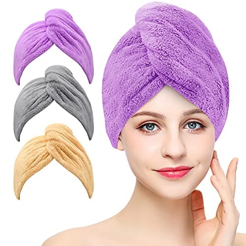 Image of Laicky 3 Pack Microfiber Hair Drying Towel Wrap Super Absorbent Twist Turban Fast Dry Hair Caps with Buttons Bath Loop Fasten Salon Dry Hair Hat (Gray Khaki Purple)