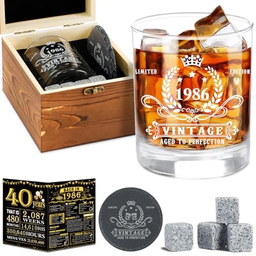 Image of Amosking 40th Birthday Gifts for Men,Vintage 1986 Whiskey Glass Set,Wood Box & Whiskey Stones & 1986 Poster Anniversary Card & Coaster,Birthday Gifts Ideas for Him,Husband,Dad