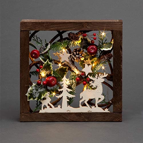 Image of 30cm LED Pre-Lit Decorated with Leaves Pine Cones Berries 3D Nordic Christmas Scene Square Shape Wooden Frame Tabletop Decorations Xmas Ornament Gifts