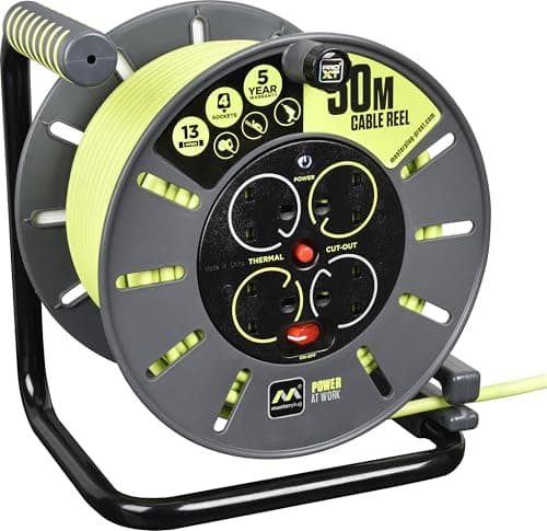 Image of Masterplug OLU50134SL-PX Pro-XT Four Socket Open Cable Reel with Winding Handle, Thermal Cut Out and Power Switch, 50 Metres High Visibility Cable, Green
