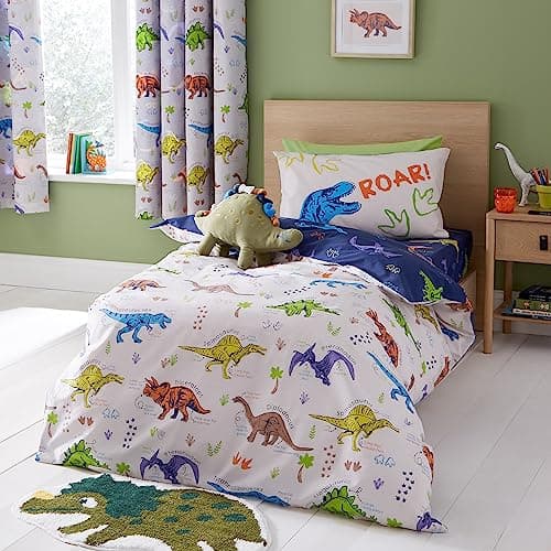 Image of Catherine Lansfield Prehistoric Dinosaurs Reversible Junior Duvet Cover Set with Pillowcases Natural