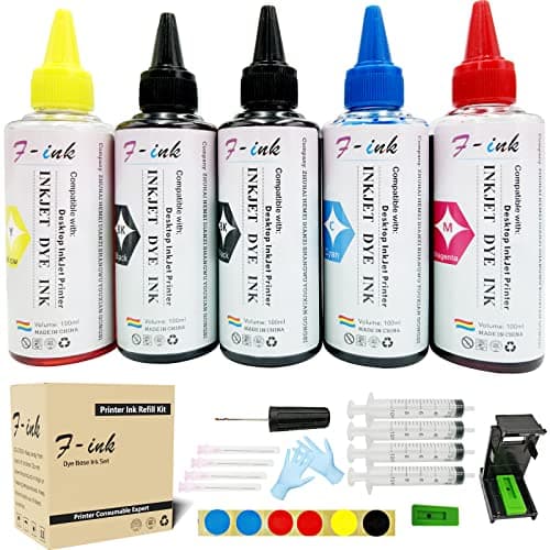 Image of F-INK 5x100ml Bottles Ink and Ink Refill Tools Compatible with Hp Ink Cartridge 303 305 307 21 22 338 339 343 901 303XL 305XL 307XL