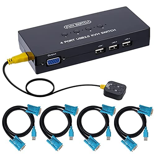 Image of VGA KVM Switch 4 Port, Switch Box Adapter 4 Computer Share 1 VGA monitor and 3 USB Devices, Mouse Keyboard Scanner Printer, 4 KVM Cables included