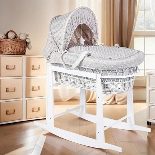 Image of Babymam Moses Basket Wicker White Rocking Stand Baby Padded Dimple Grey Bedding Full Set with Mattress