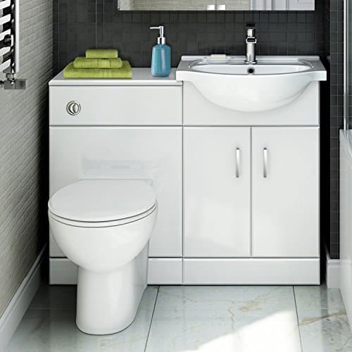 Image of Quartz - 1048 mm White Gloss Vanity Unit Round Toilet Bathroom Sink Storage Furniture