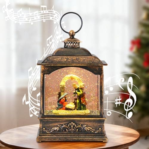 Image of Ubrvhrt Musical Snow Globe Lantern with Nativity Scene, LED Water Spinner Lantern for Christmas Decor, 6-Hour Timer, Swirling Glitter, 8 Inch, USB or Battery Powered