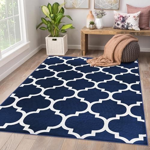 Image of AMEHA Rugs Living Room Large 200x290 cm - Navy Blue Area Rugs for Bedroom Non Slip - Modern Carpet Non Shedding Trellis Style Durable Soft Low Pile Bedside Rug for Kids Room Easy to Clean (Ava Navy)