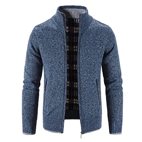 Image of Mens Fleece Lined Cardigans Long Sleeve Plus Size Knitted Cardigan Jacket Stand Up Collar Thick Sweater Full Zip Winter Thermal Knitwear Solid Color Warm Knit Sweater Jackets with Zipper Pockets