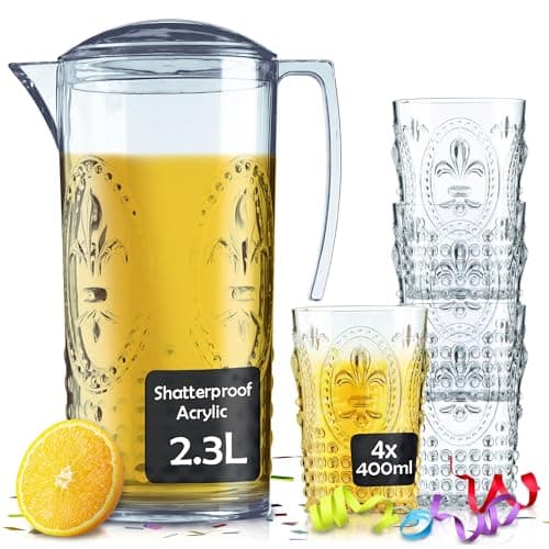 Image of Muldale Plastic Jug with Glasses Set - Acrylic Drinking Jug and Tumblers Set for Garden - Sangria Pimms Water Pitcher - Boho Style - 2300ml