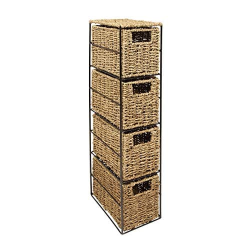 Image of Woodluv 4 Drawer Seagrass Tower Storage Unit- Bedroom/Bathroom/Home/Office 16 x 24 x 58.5 cm
