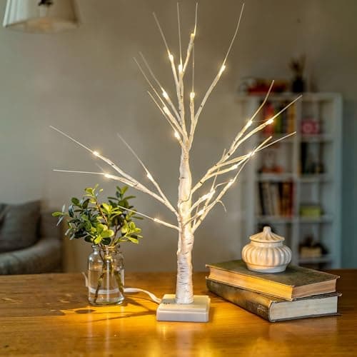 Image of Small White Twig Tree with Lights - 60cm Mini White Birch Tree with Lights 20 Warm LEDs Battery Operated or Micro USB Powered Tabletop Decoration for Christmas and Easter