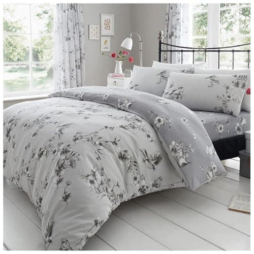 Image of GC GAVENO CAVAILIA Birdie Blossom Soft Floral Kingsize Duvet Cover Sets, Breathable Comfy Reversible Botanical Flowers Bedding Set With Pillowcases, Luxury Birds Quilt Cover, Grey