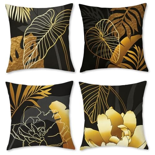 Image of BREASOME Cushion Covers 45 x 45 cm Set of 4 Black & Gold Floral Leaf Cushion Covers Linen Decorative Square Throw Pillow Cases for Sofa Couch Bedroom Living Room