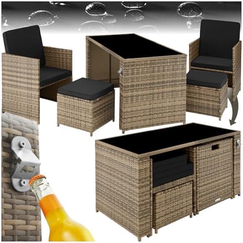 Image of tectake Poly Rattan 5-Piece Lounge Garden Furniture Set with Table, Armchair & Stool, Dining Set for up to 4 People, Garden and Balcony Furniture Including Upholstery - Natural