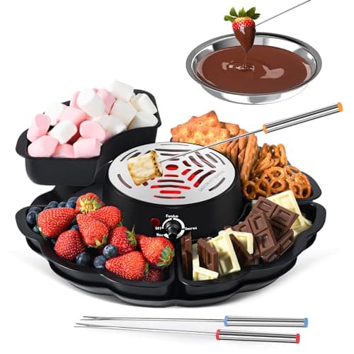 Image of 2 in 1 Smores Maker & Fondue Set, Tabletop Indoor Smores Kit, Marshmallow Roaster with Temp Control, 4 Detachable Trays & 4 Roasting Forks and 1 Heated Bowl, Movie Night Supplies (Black)