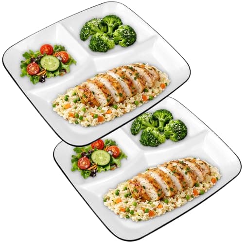 Image of RWFMO 2 Pcs Ceramic Divided Plates, 3 Compartment Plates White, Reusable Ceramic Section Plate for Balanced Meals Dinner Snack, Microwave Dishwasher Safe (Square)