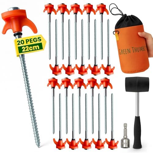 Image of Heavy Duty Tent Pegs - 22cm x 20 Pack Orange Hard Ground Tent Pegs with Storage Bag, Carabiner, Rubber Rings, Socket Bit and Mallet - Galvanized Camping Pegs for Outdoor