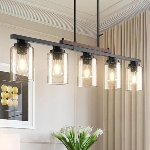 Image of 5 Light Chandeliers Ceiling Light,E27 Vintage Rustic Kitchen Lights Ceiling Industrial Metal Glass Hanging Lights, Matte Black Pendant Light for Farmhouse Dining Room Bedroom Hallway Kitchen