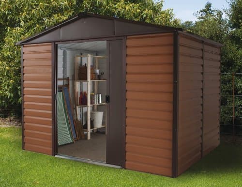 Image of Yardmaster 10 x 12 ft Woodview Apex Roofed Shiplap Metal Shed with Floor Frame - Woodgrain