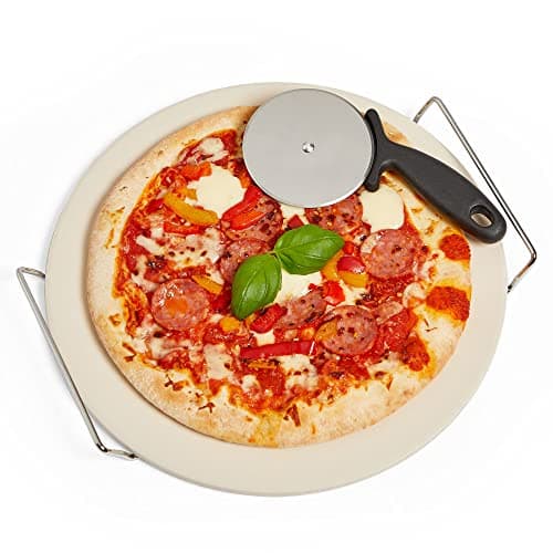 Image of VonShef 33 cm Pizza Stone Set with Chrome-Plated Heavy Duty Frame - Includes Pizza Cutter