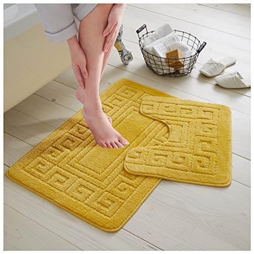 Image of GC GAVENO CAVAILIA Bath Mat Set 2 Piece - Non Slip Bathroom Rug - Toilet Mat With Pedestal - Machine Washable - Ochre