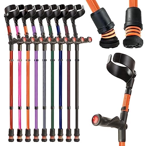 Image of Flexyfoot Shock Absorbing Comfy Grip Double Adjustable Crutch - Improves Safety, Improves Grip, Reduces Shocks & Jarring – Right Handed - Orange