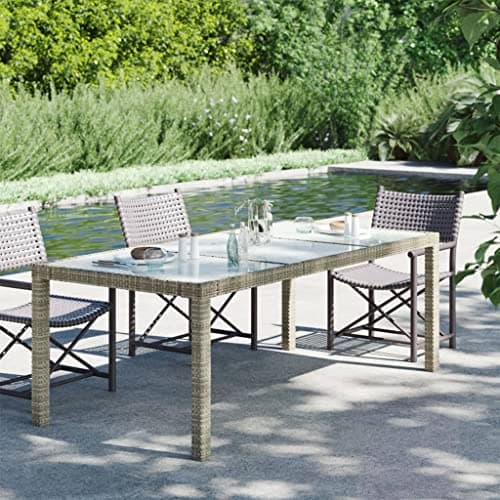 Image of SooIarix Garden Table Grey 190 x 90 x 75 cm Made of Poly Rattan with Tempered Glass Top and Powder-Coated Steel Frame, Weatherproof, Sturdy, Ideal for Patio, Balcony and Outdoor Area