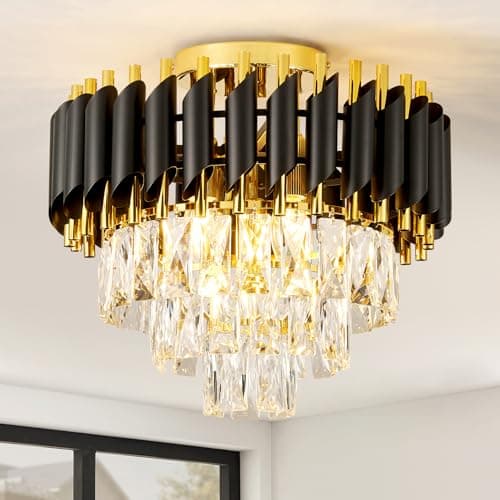 Image of HARPER LIVING Crystal Ceiling Light, Modern Chandelier Lighting with 3 Tiers Crystals, Black & Gold Finish, 5xE14 Semi Flush Ceiling Lamp for Living Room Bedroom Dining Room