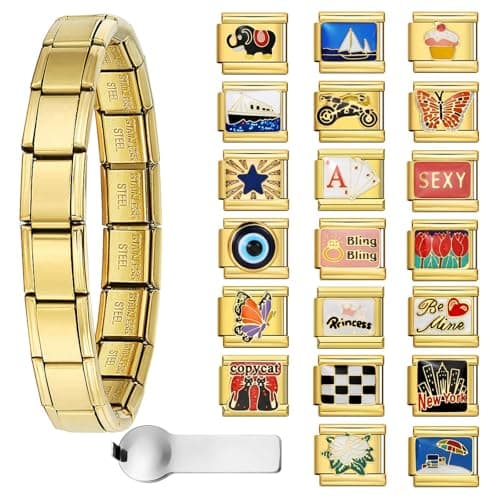 Image of GEMOSA Gold Italian Charm Bracelet Sets with 1Pcs 6.75 inch Starter Brascelet, 20Pcs Charms Pack and Opening Tools, 9mm Italian Modular Charm Bracelet Link Handmade DIY Module Jewelry Gifts