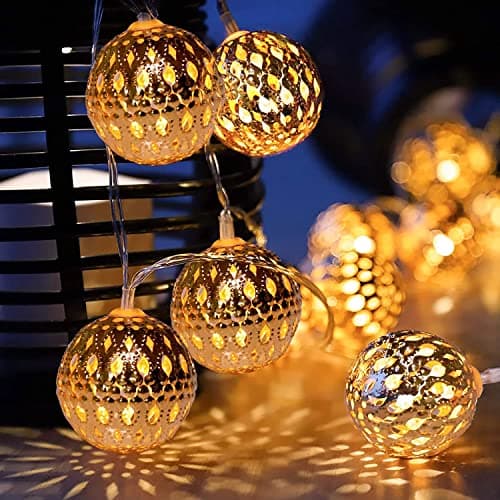 Image of KINGCOO Vintage Moroccan Orb Lights, 3.3M/10ft 20LED Rose Gold Metal Goble Dazzling Moroccan Lantern Battery Operated Fairy String Lights for Home Bedroom Garden Wedding Party Decoration