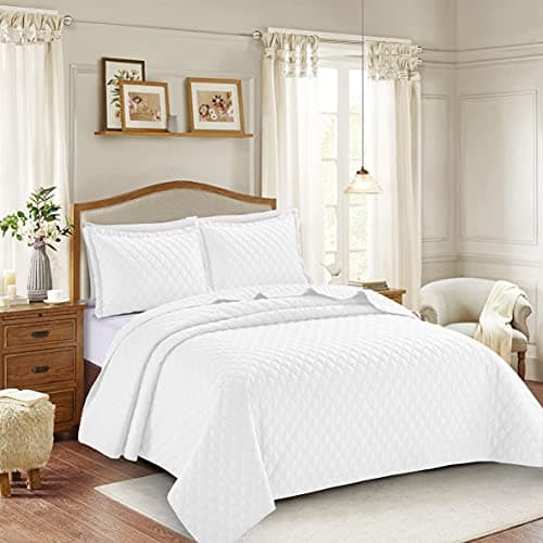 Image of PRIME LINENS 3 Piece Inspiration Quilted Bedspread Embossed Pattern Comforter Bedding Set Bed Throw with Pillow Case (White, Single 2 Piece)